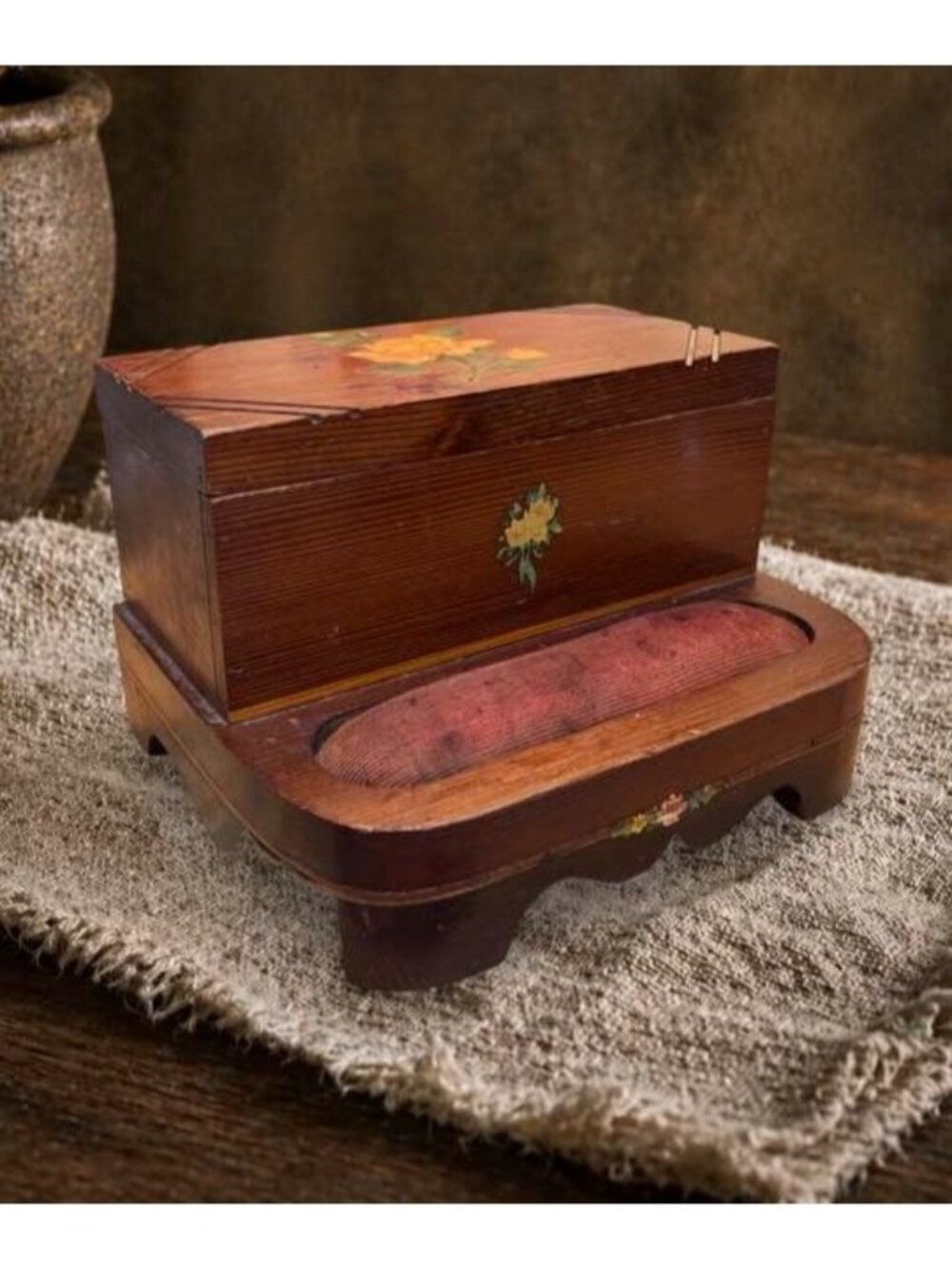 Early 20th Century Wooden Sewing Box with Original Floral Decals and Pin Cushion